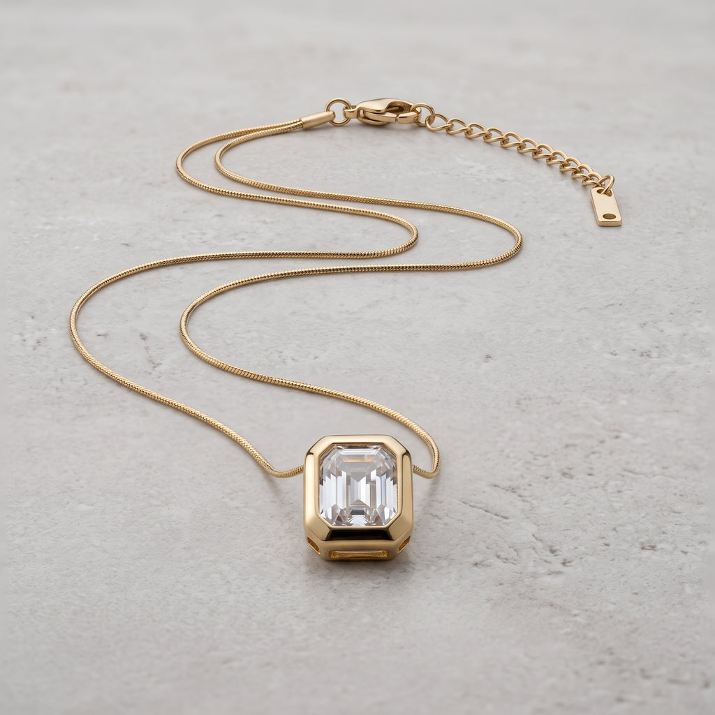 Emerald-Cut Bezel Solitaire Gold Necklace