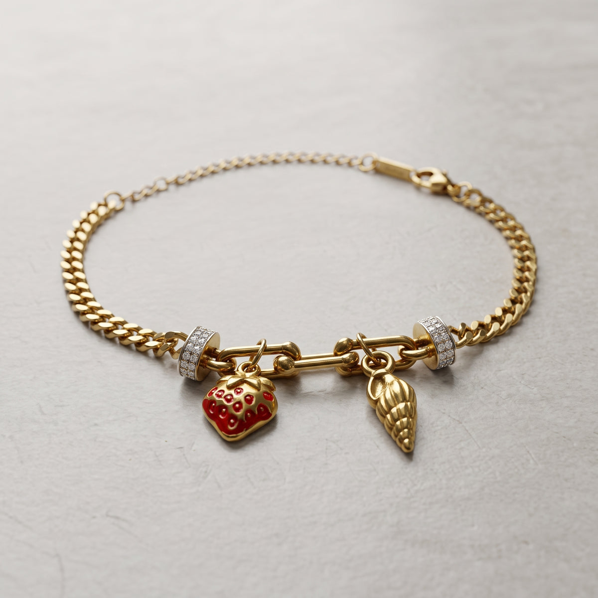 Golden Charm Bracelet with Strawberry & Seashell Pendants