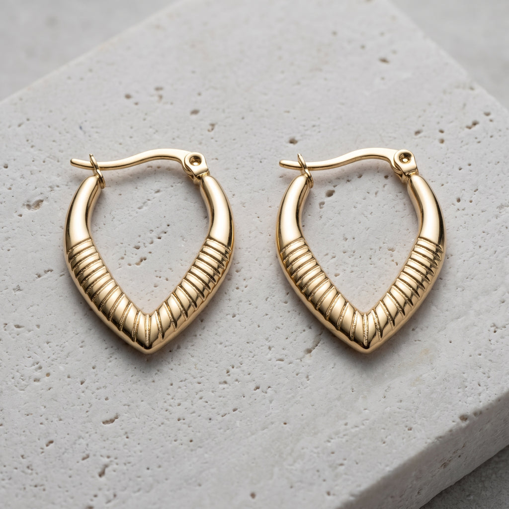 Ribbed V-Shape Gold Hoop Earrings