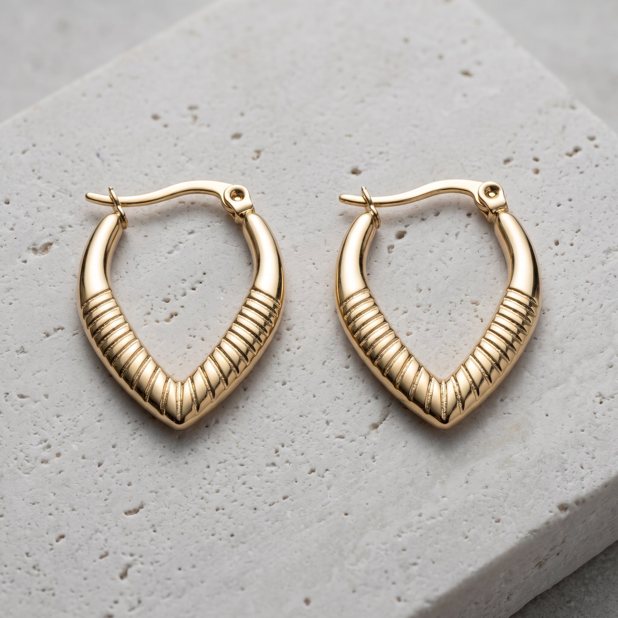 Ribbed V-Shape Gold Hoop Earrings