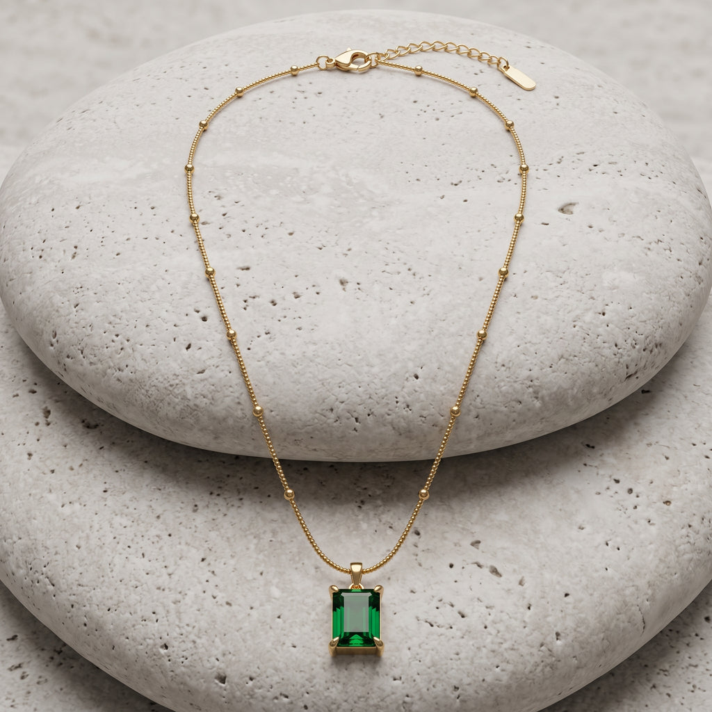 Emerald-Cut Green Gem Beaded Gold Necklace