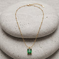 Emerald-Cut Green Gem Beaded Gold Necklace