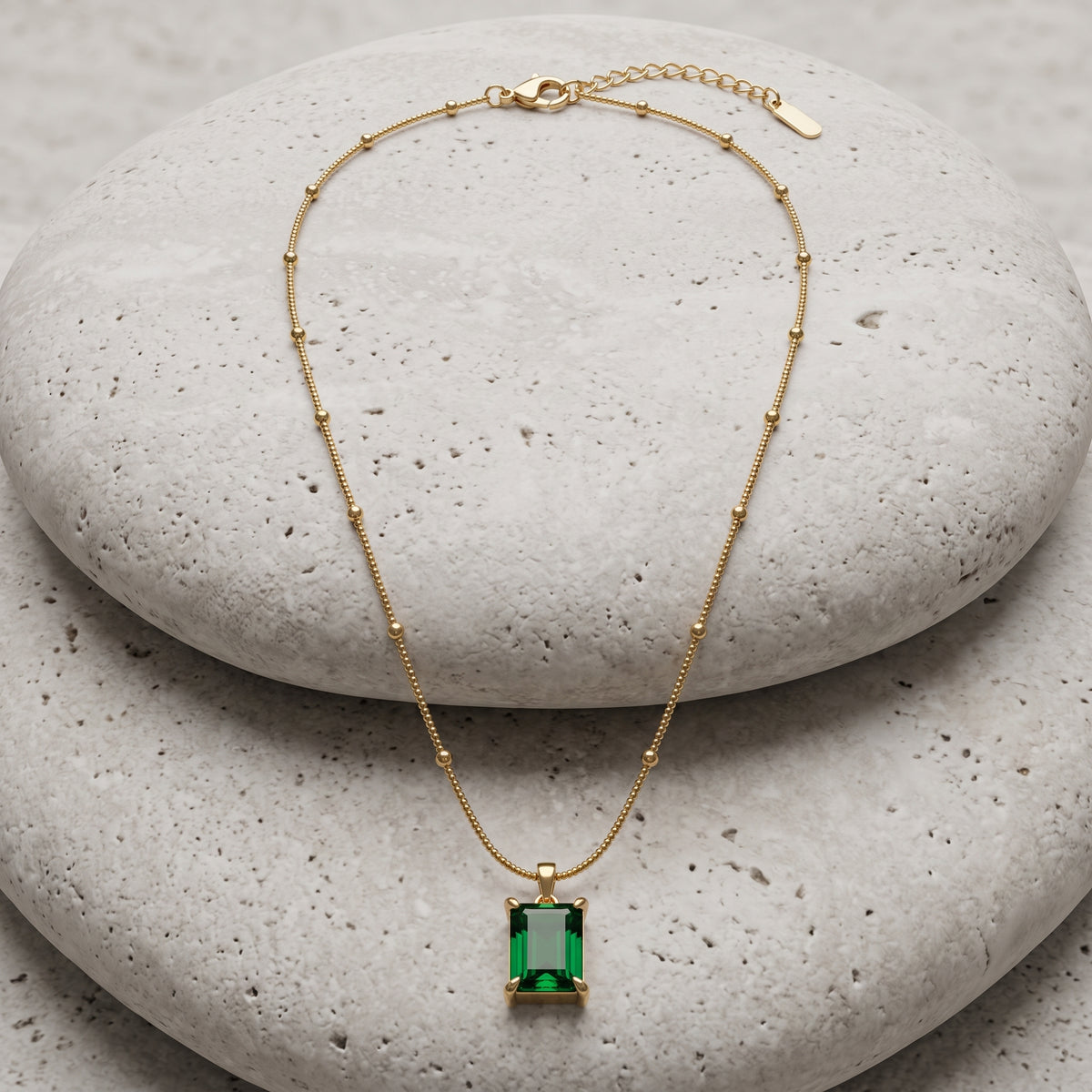 Emerald-Cut Green Gem Beaded Gold Necklace