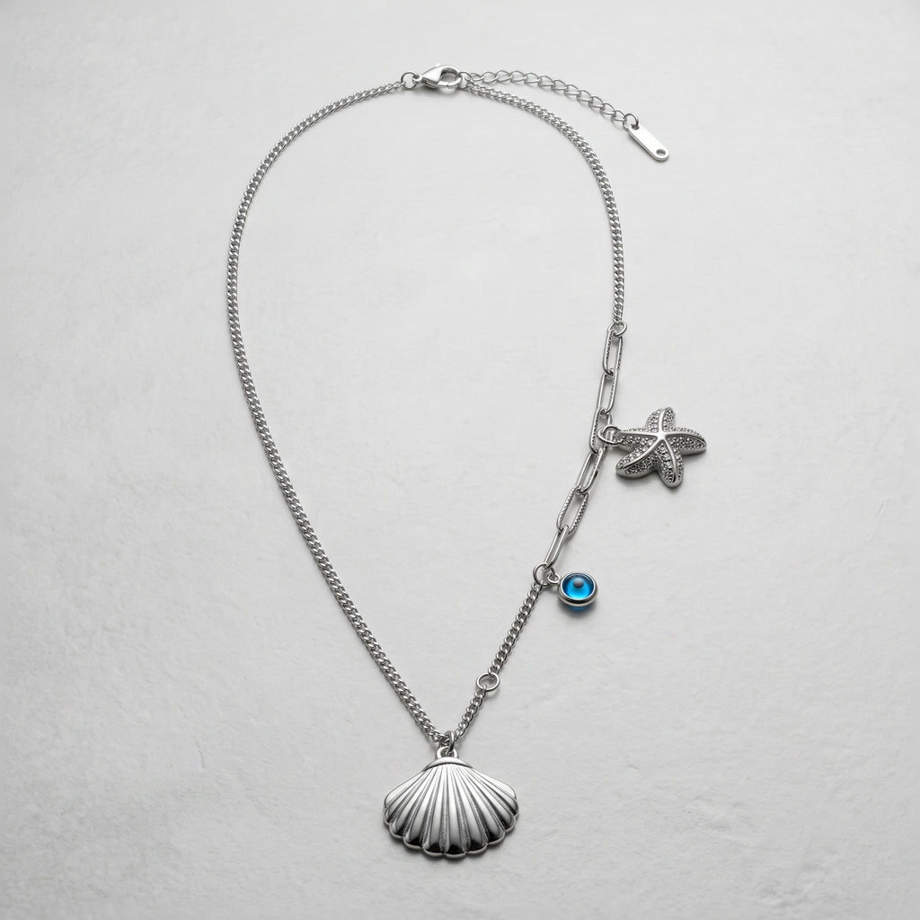 Silver Seashell & Eye Charm Necklace