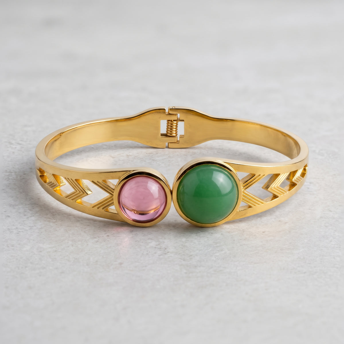 Dual Stone Open-Front Gold Bangle