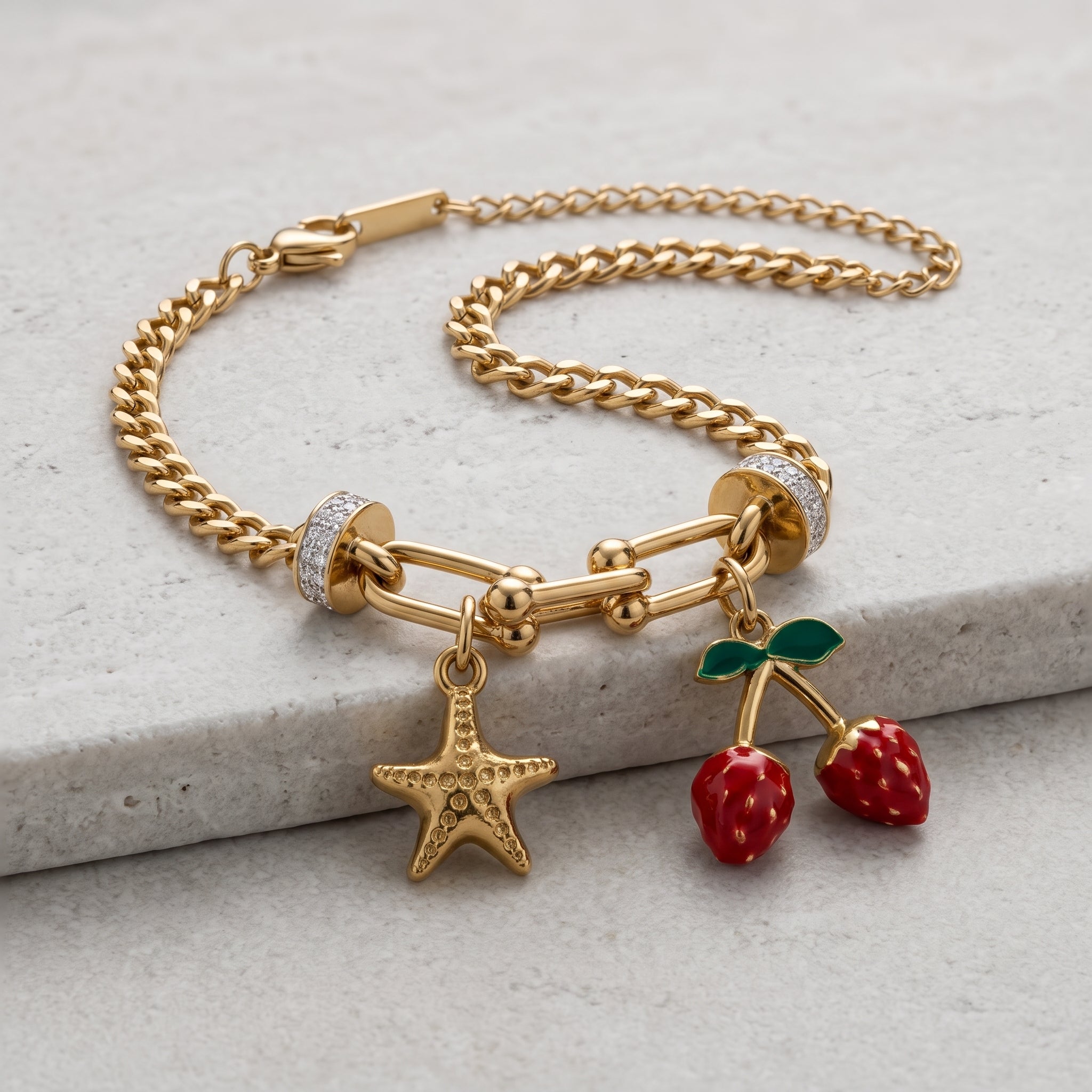 Starfish & Strawberry Charm Gold Link Bracelet