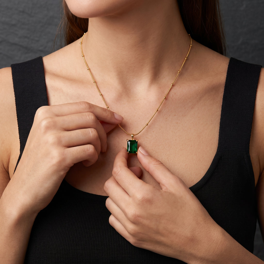 Emerald-Cut Green Gem Beaded Gold Necklace