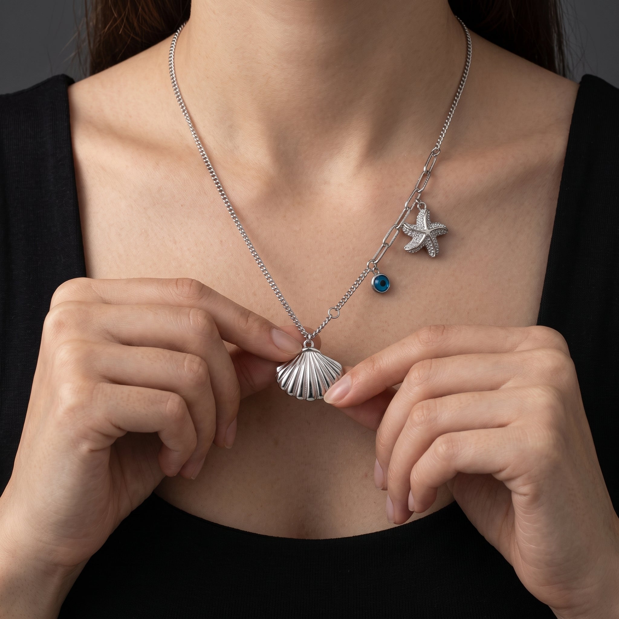 Silver Seashell & Eye Charm Necklace