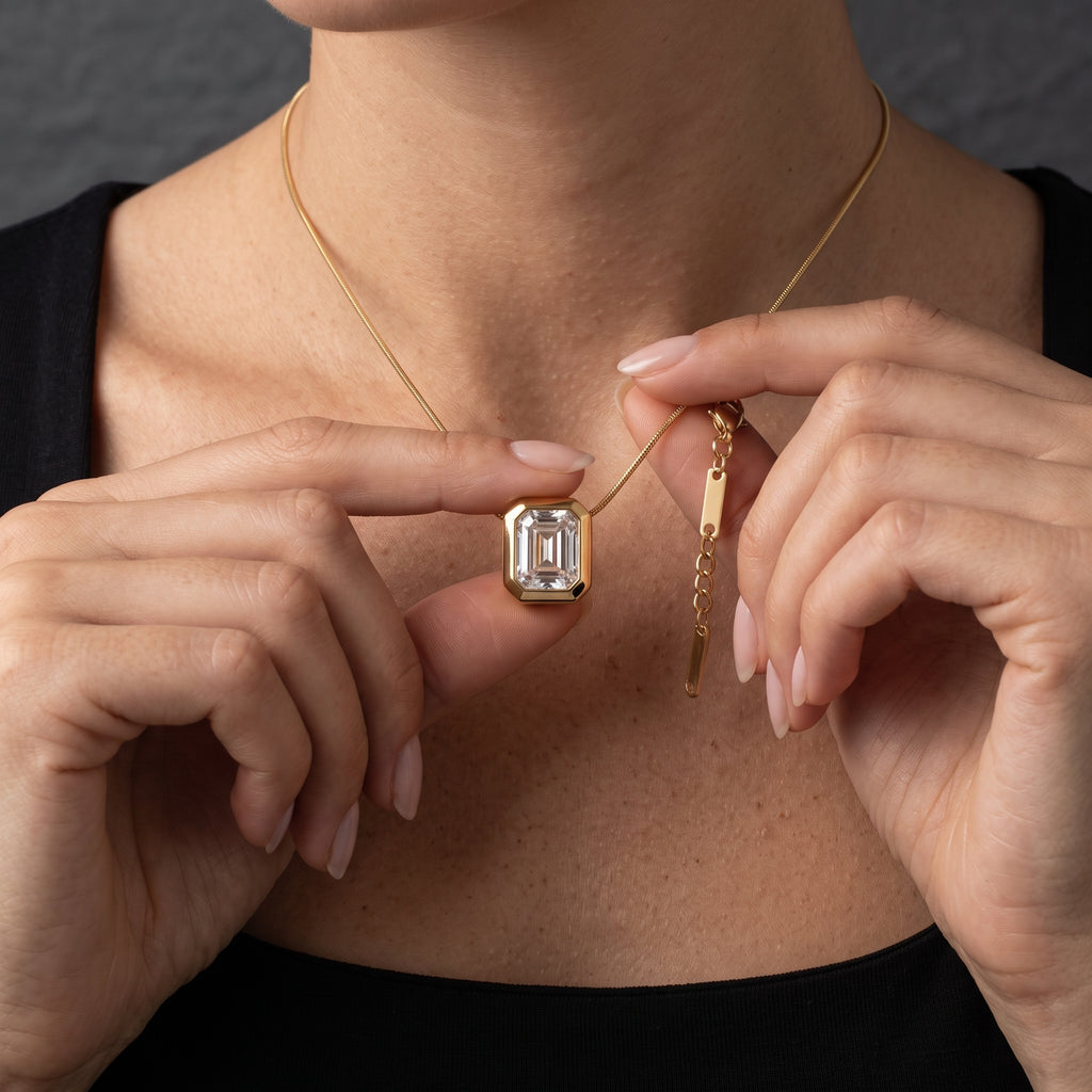 Emerald-Cut Bezel Solitaire Gold Necklace