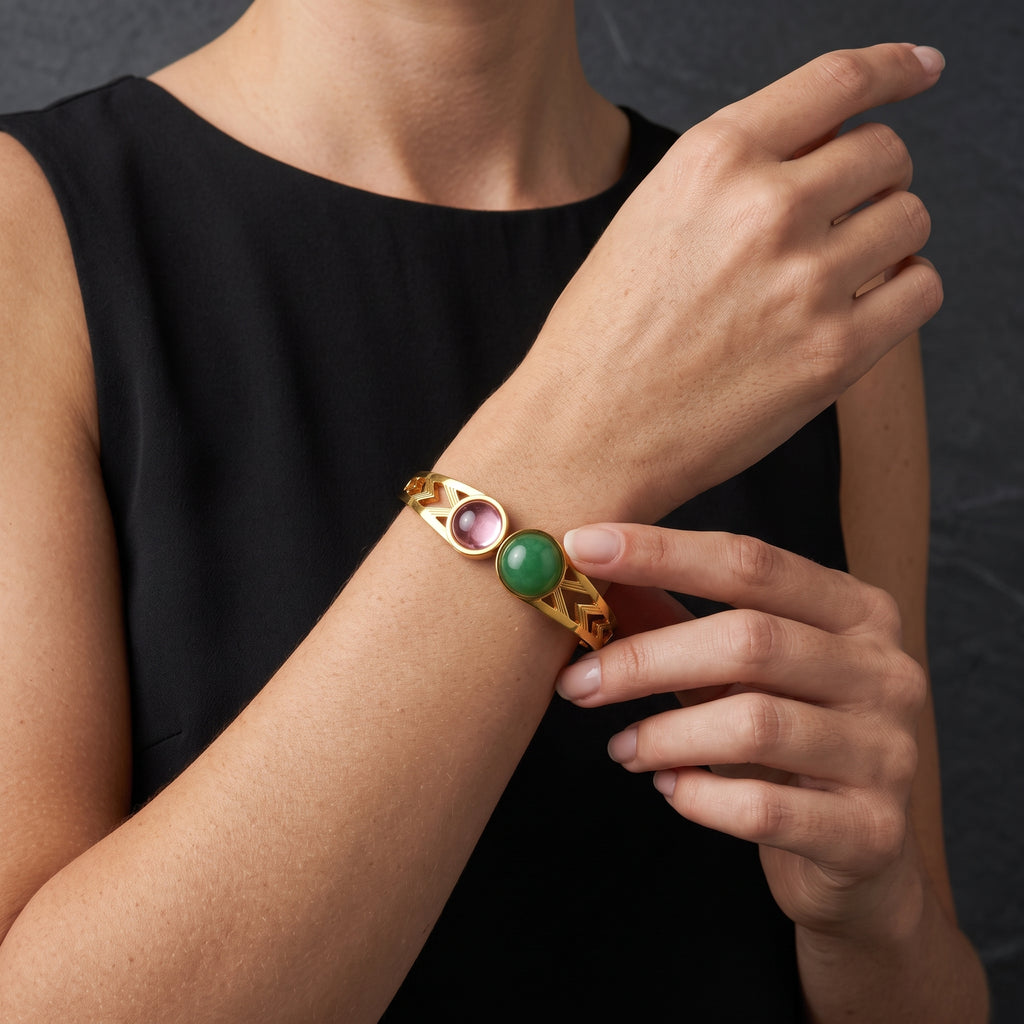 Dual Stone Open-Front Gold Bangle