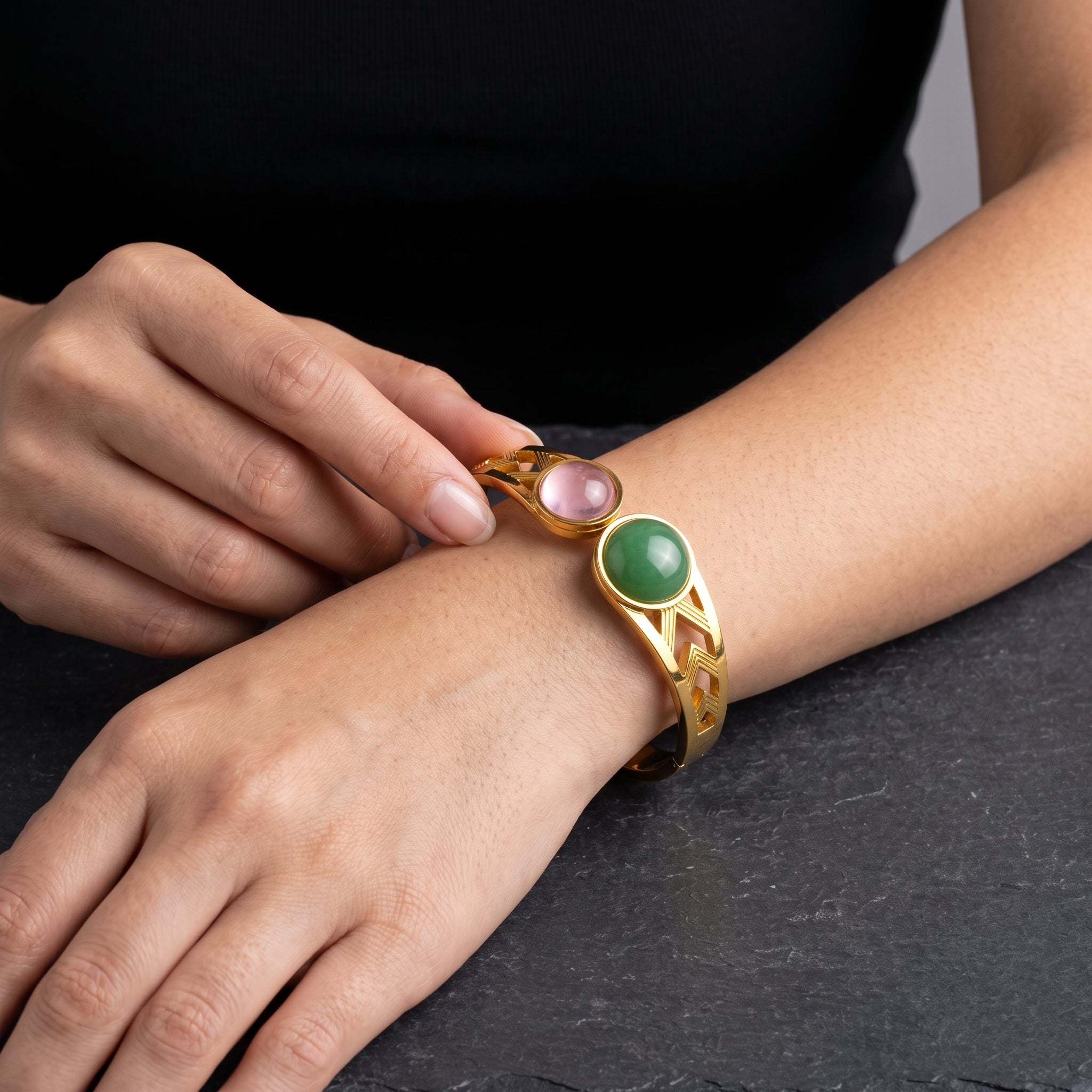 Dual Stone Open-Front Gold Bangle