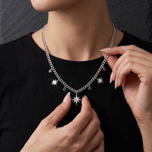 Celestial Starburst & Gem Silver Chain Necklace