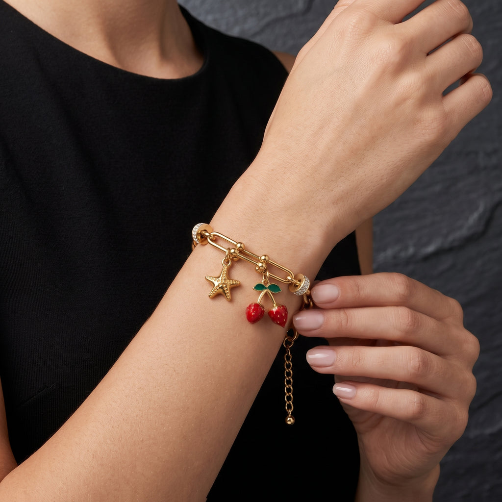 Starfish & Strawberry Charm Gold Link Bracelet