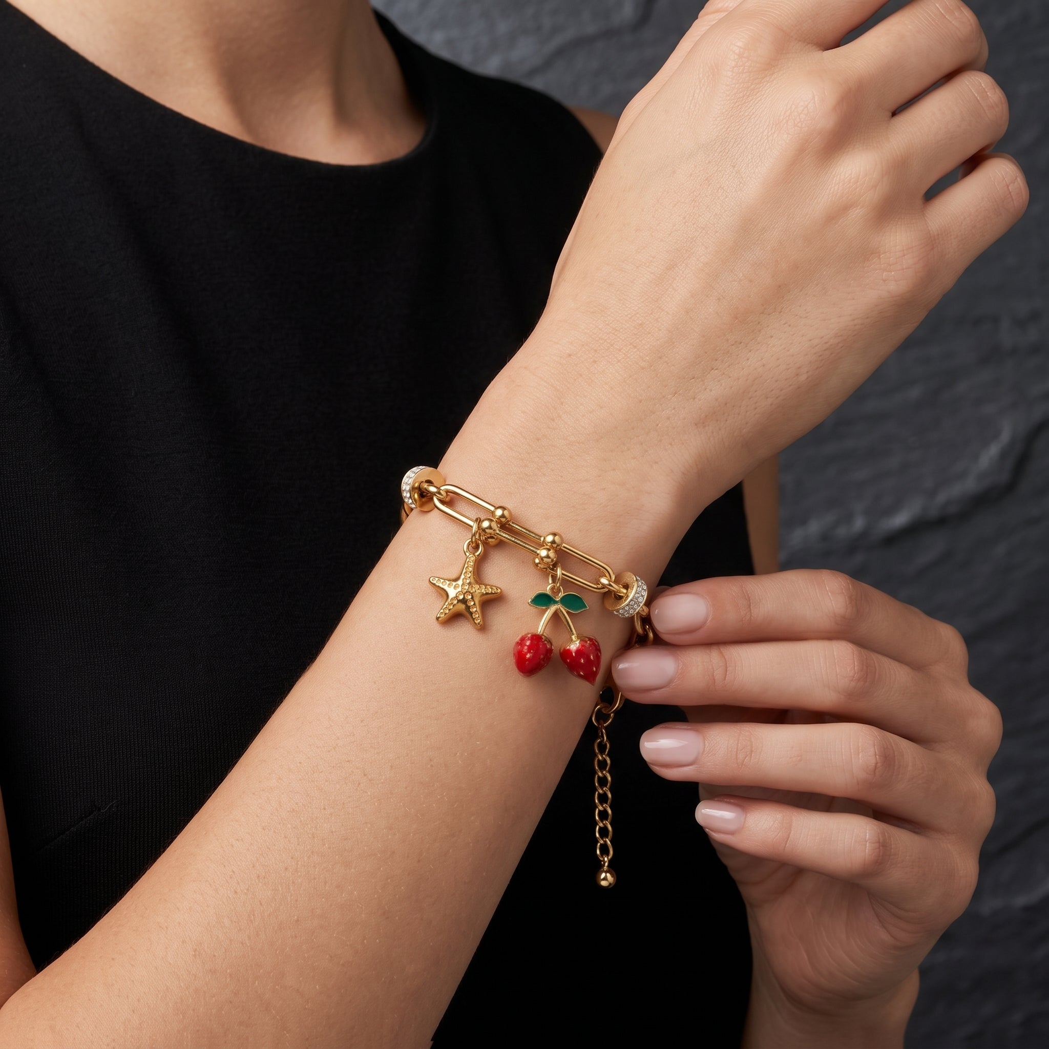 Starfish & Strawberry Charm Gold Link Bracelet