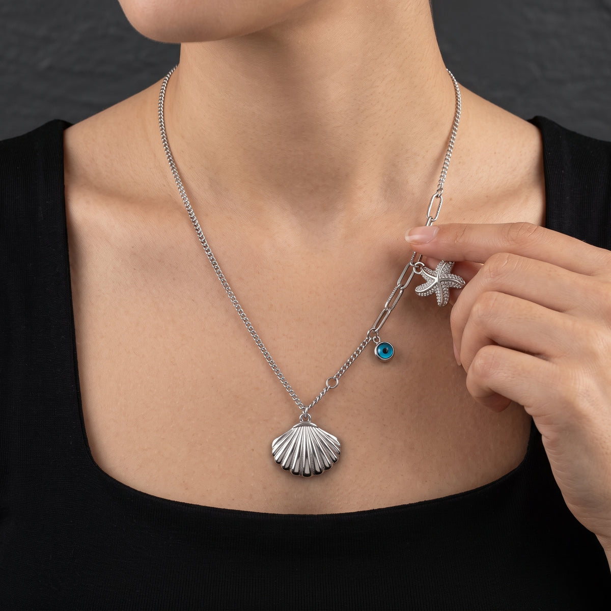 Silver Seashell & Eye Charm Necklace