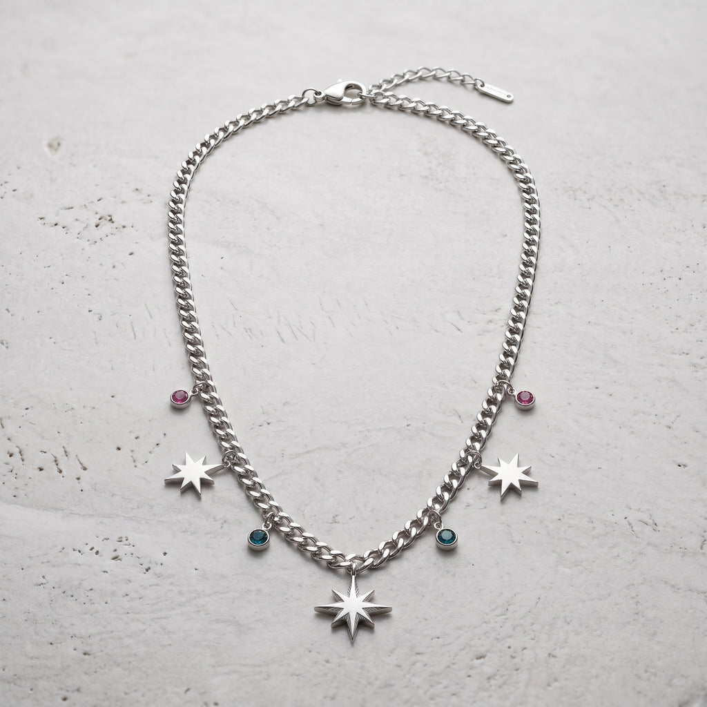 Celestial Starburst & Gem Silver Chain Necklace