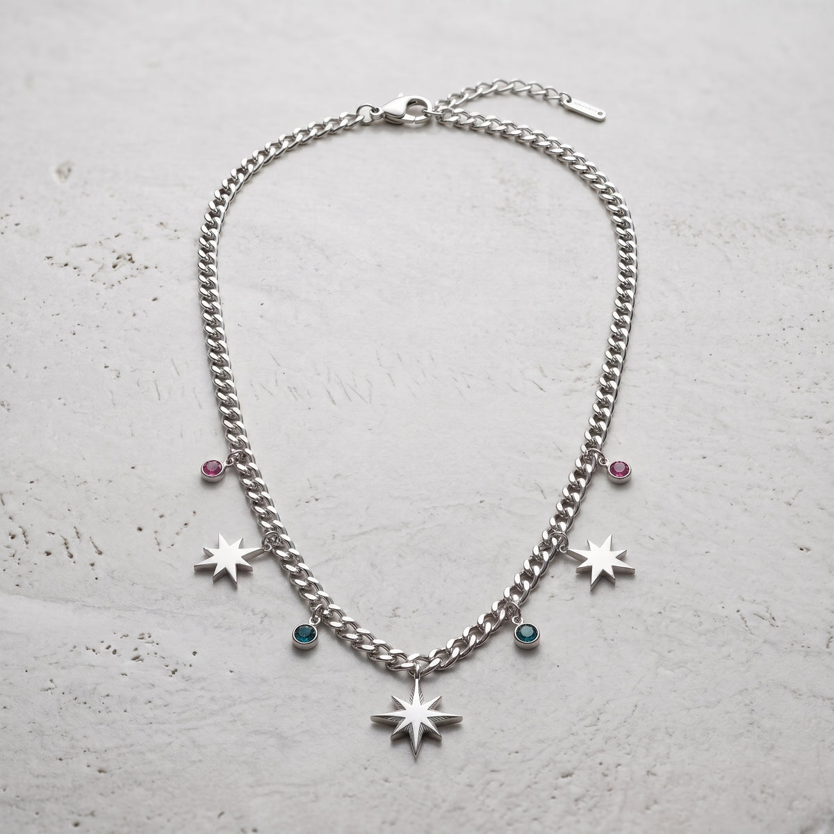 Celestial Starburst & Gem Silver Chain Necklace