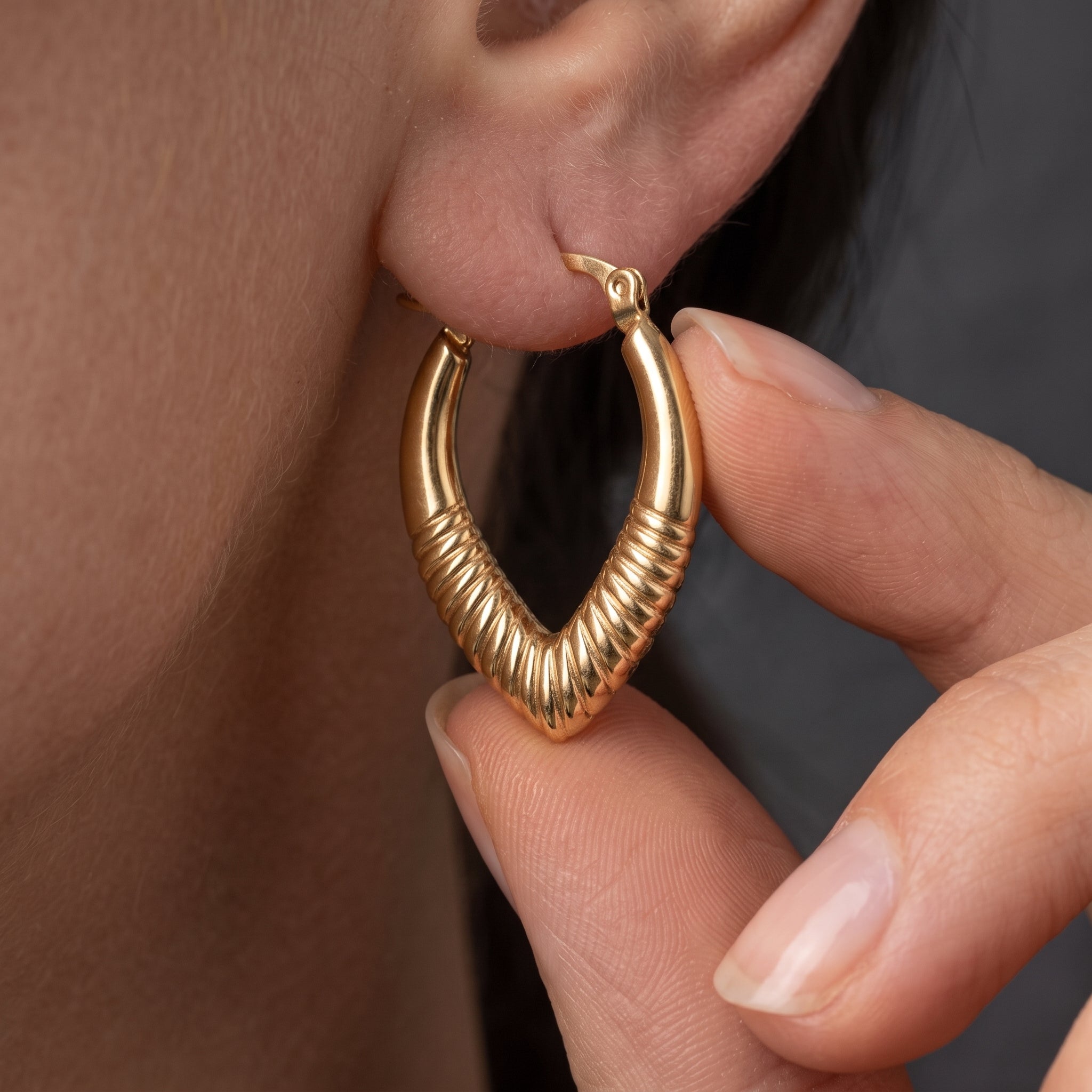 Ribbed V-Shape Gold Hoop Earrings